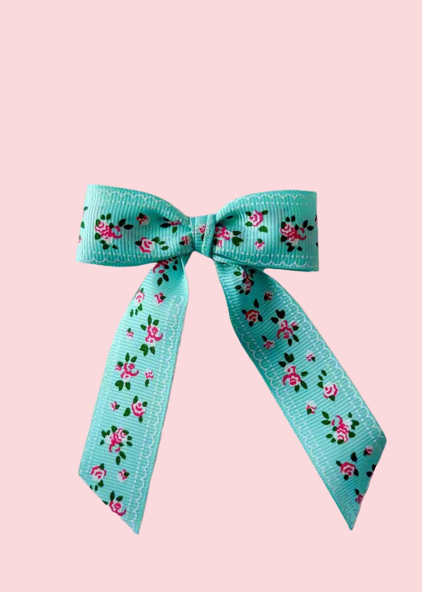 Turquoise Bow Barrette with Flowers