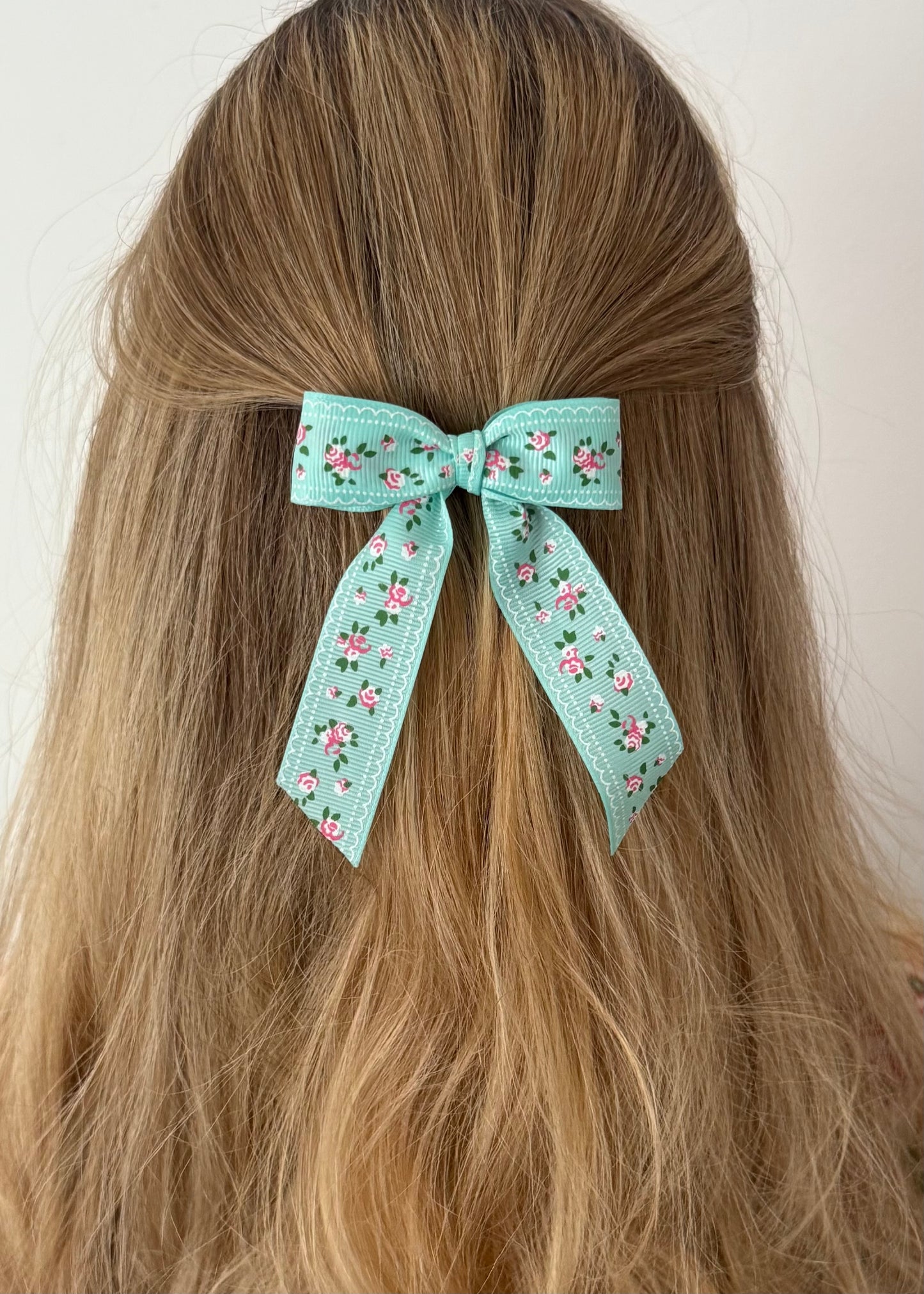 Turquoise Bow Barrette with Flowers