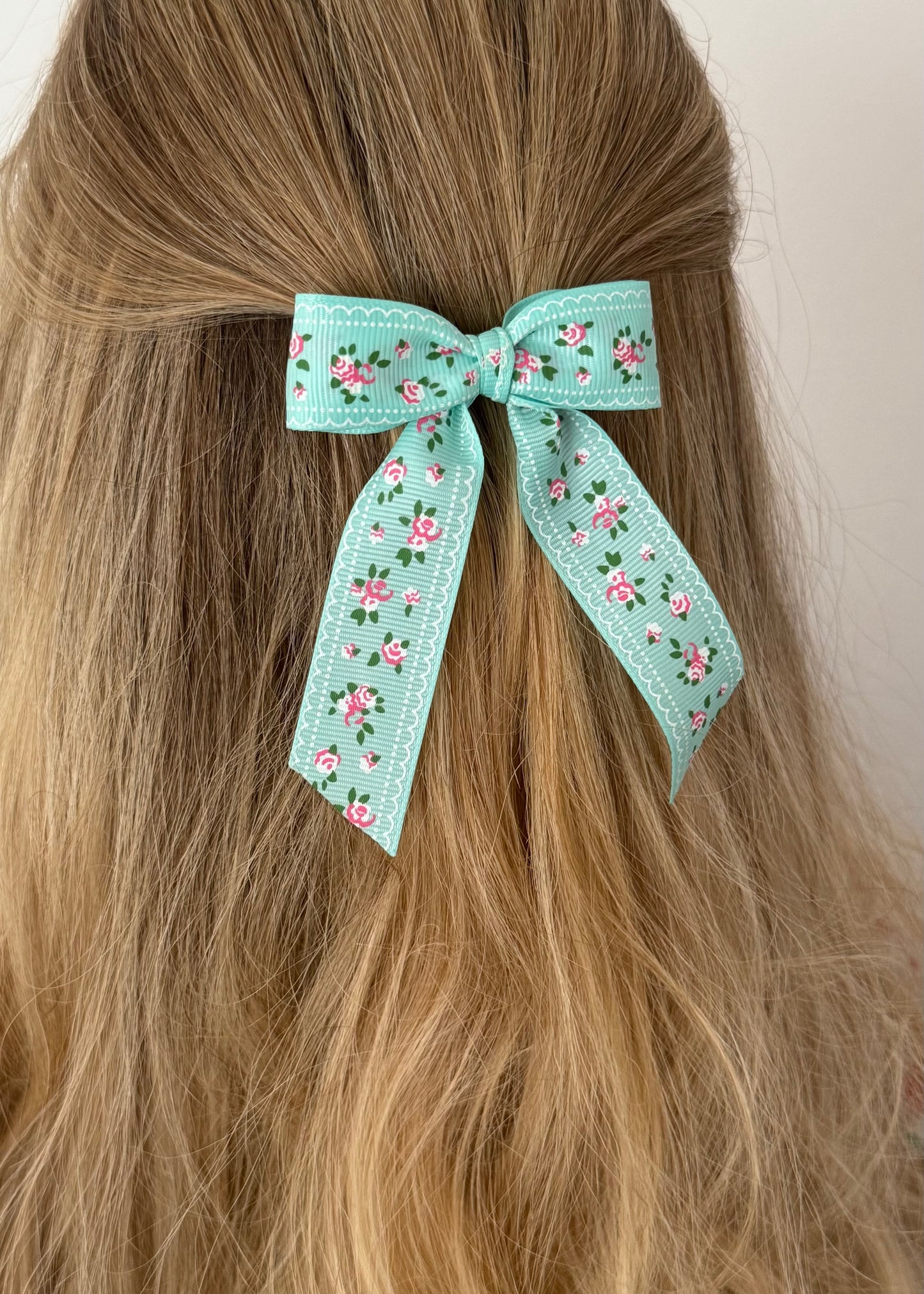 Turquoise Bow Barrette with Flowers