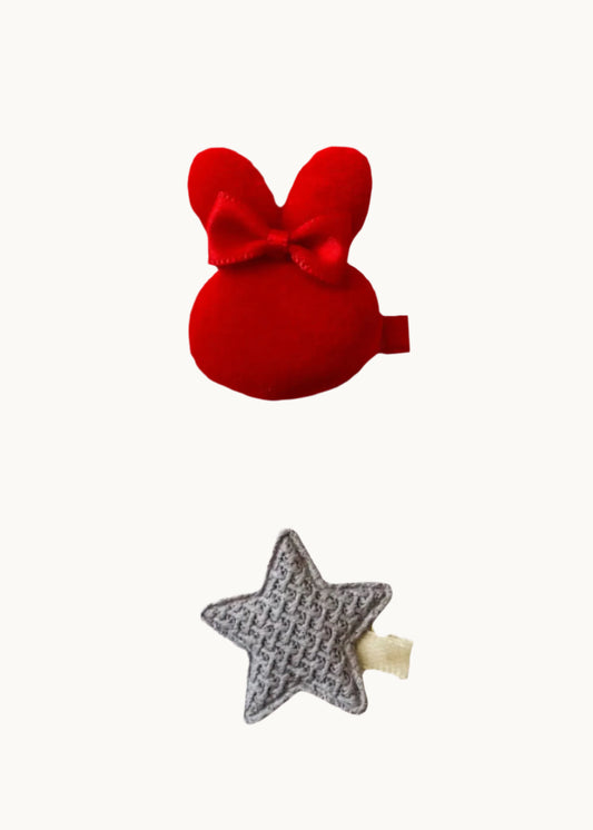 Set di fermagli per capelli a forma di coniglietto rosso morbido e stella
