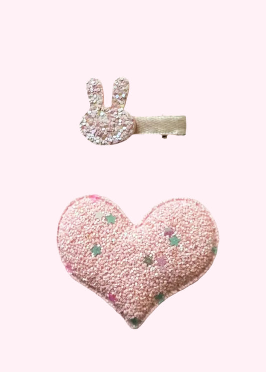 Set di fermagli per capelli con coniglietto glitterato e cuore rosa