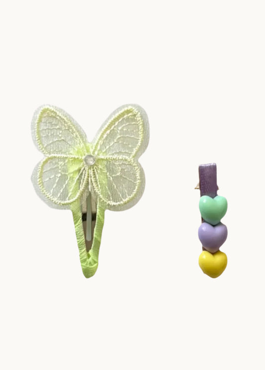 Set di fermagli per capelli a forma di farfalla e cuore verde chiaro fatti a mano