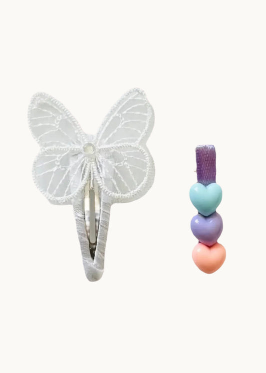 Set di fermagli per capelli con farfalla bianca e cuori colorati