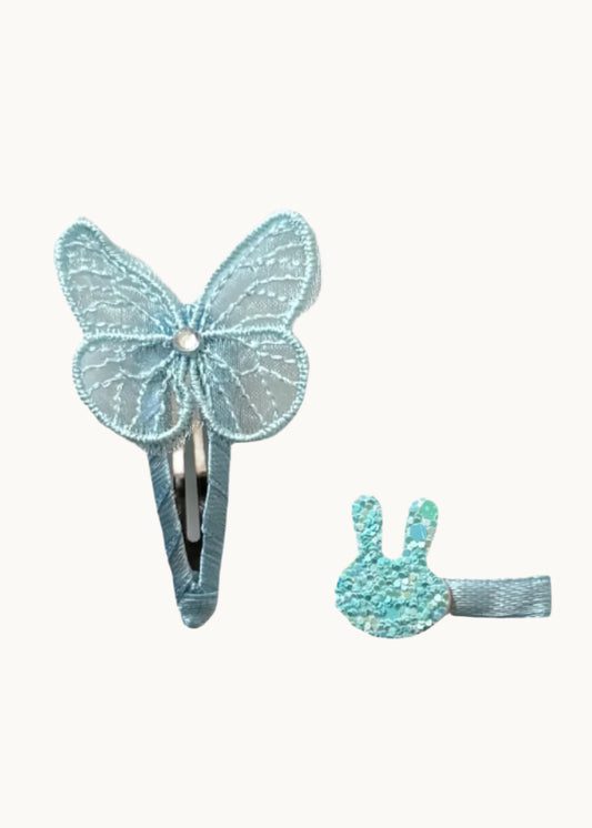Set di fermagli per capelli azzurri con farfalla e coniglietto 